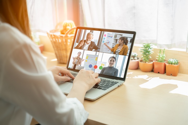Video call group of business people meeting on virtual workplace or remote office.Remote work,virtual meeting and Online Video Conference Interview Call concept.Manager talking online with coworkers